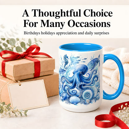 #pl[15oz|Blue] Blue Octopus Ceramic Mug, Watercolor Ocean Life Art for Sea Fans