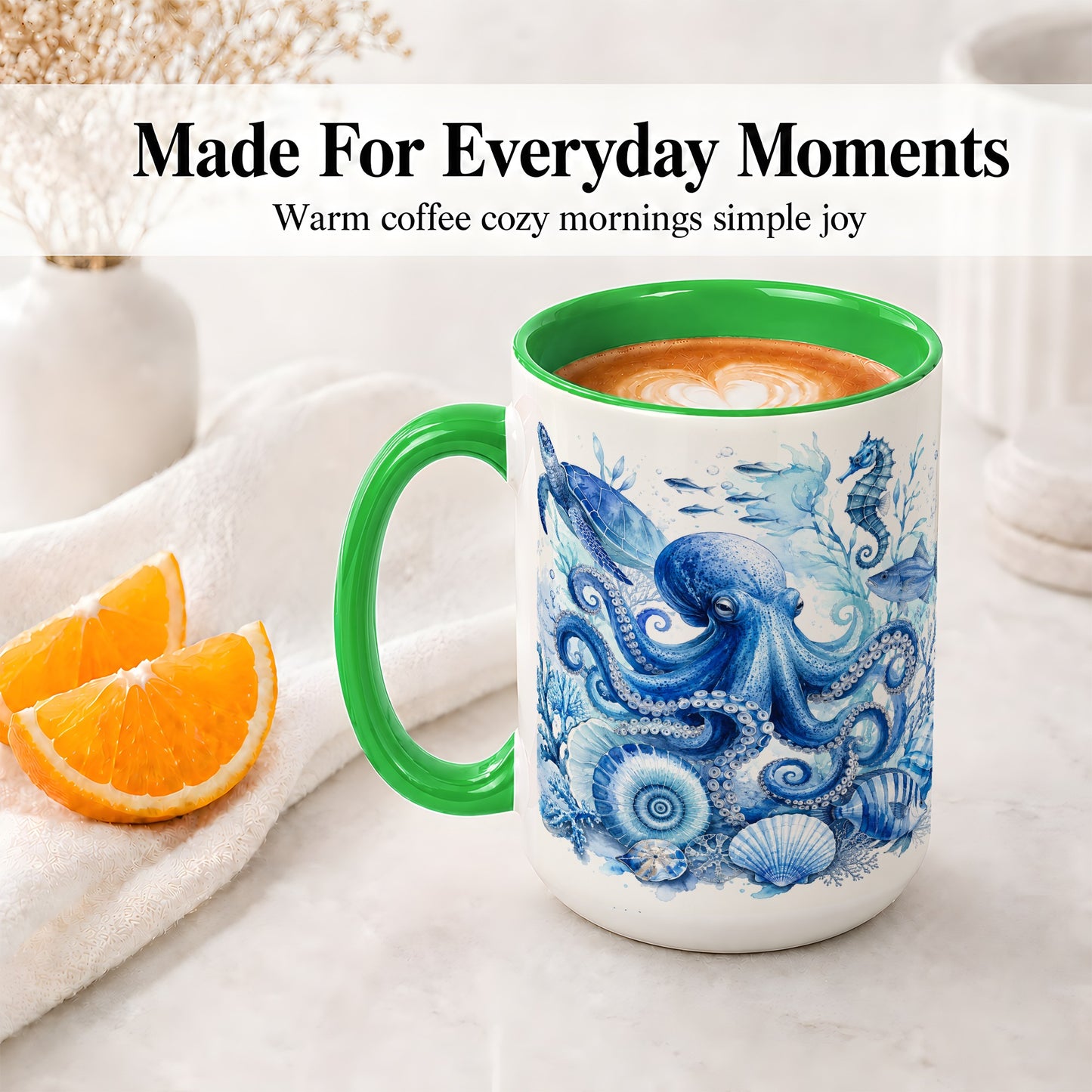 #pl[15oz|Green] Blue Octopus Ceramic Mug, Watercolor Ocean Life Art for Sea Fans