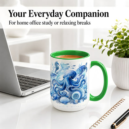 #pl[15oz|Green] Blue Octopus Ceramic Mug, Watercolor Ocean Life Art for Sea Fans