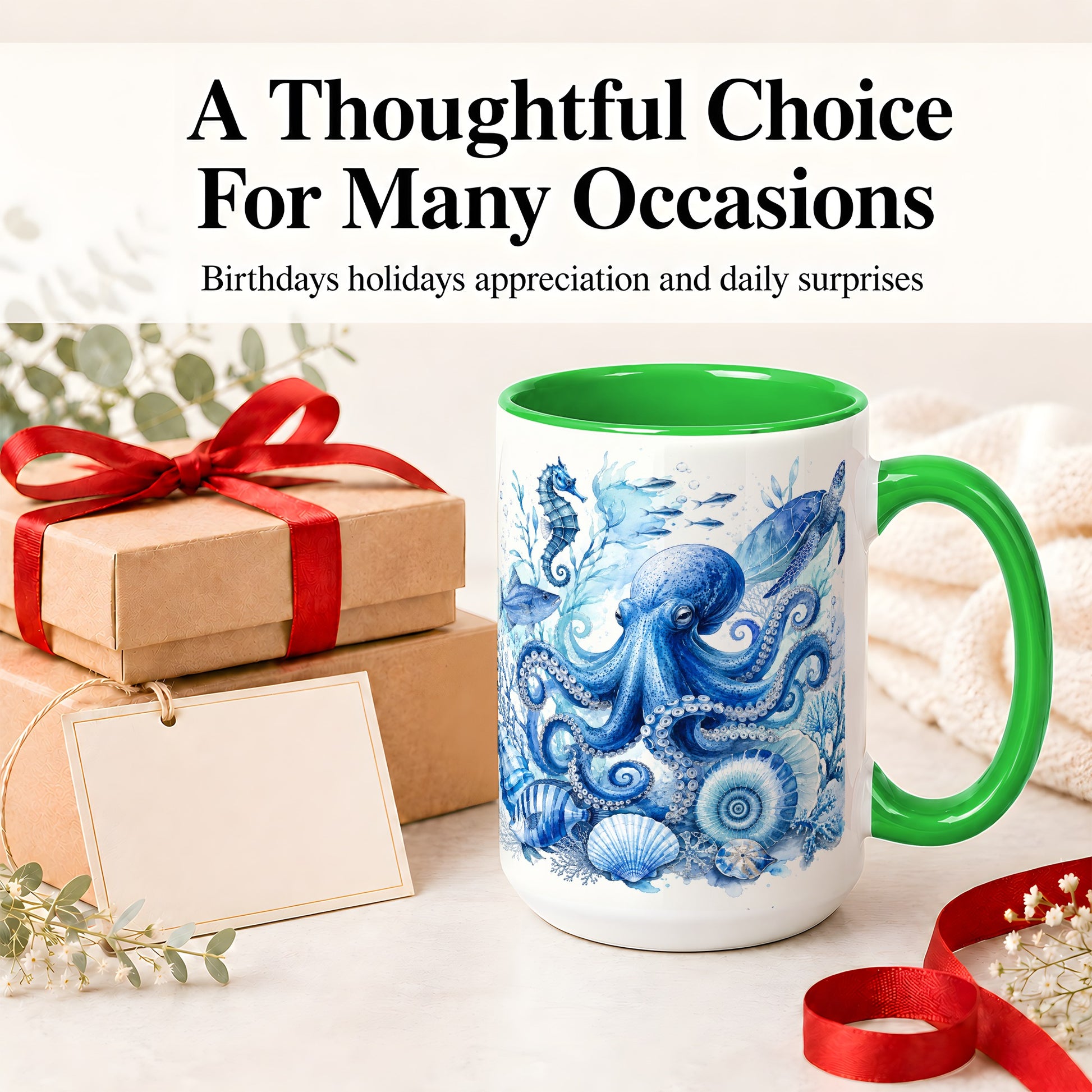 #pl[15oz|Green] Blue Octopus Ceramic Mug, Watercolor Ocean Life Art for Sea Fans