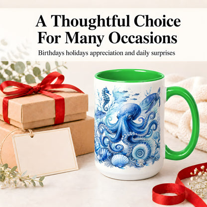 #pl[15oz|Green] Blue Octopus Ceramic Mug, Watercolor Ocean Life Art for Sea Fans