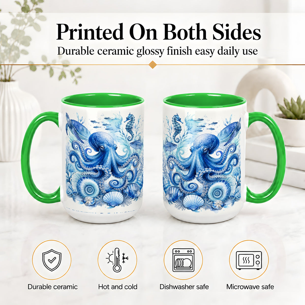#pl[15oz|Green] Blue Octopus Ceramic Mug, Watercolor Ocean Life Art for Sea Fans