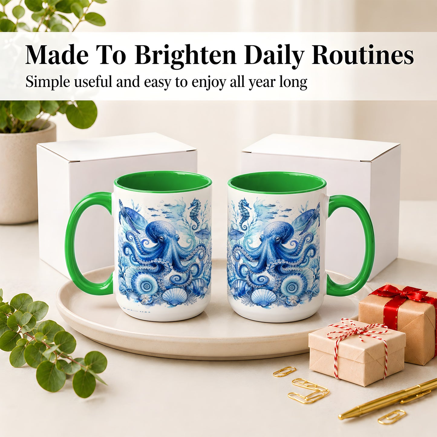 #pl[15oz|Green] Blue Octopus Ceramic Mug, Watercolor Ocean Life Art for Sea Fans