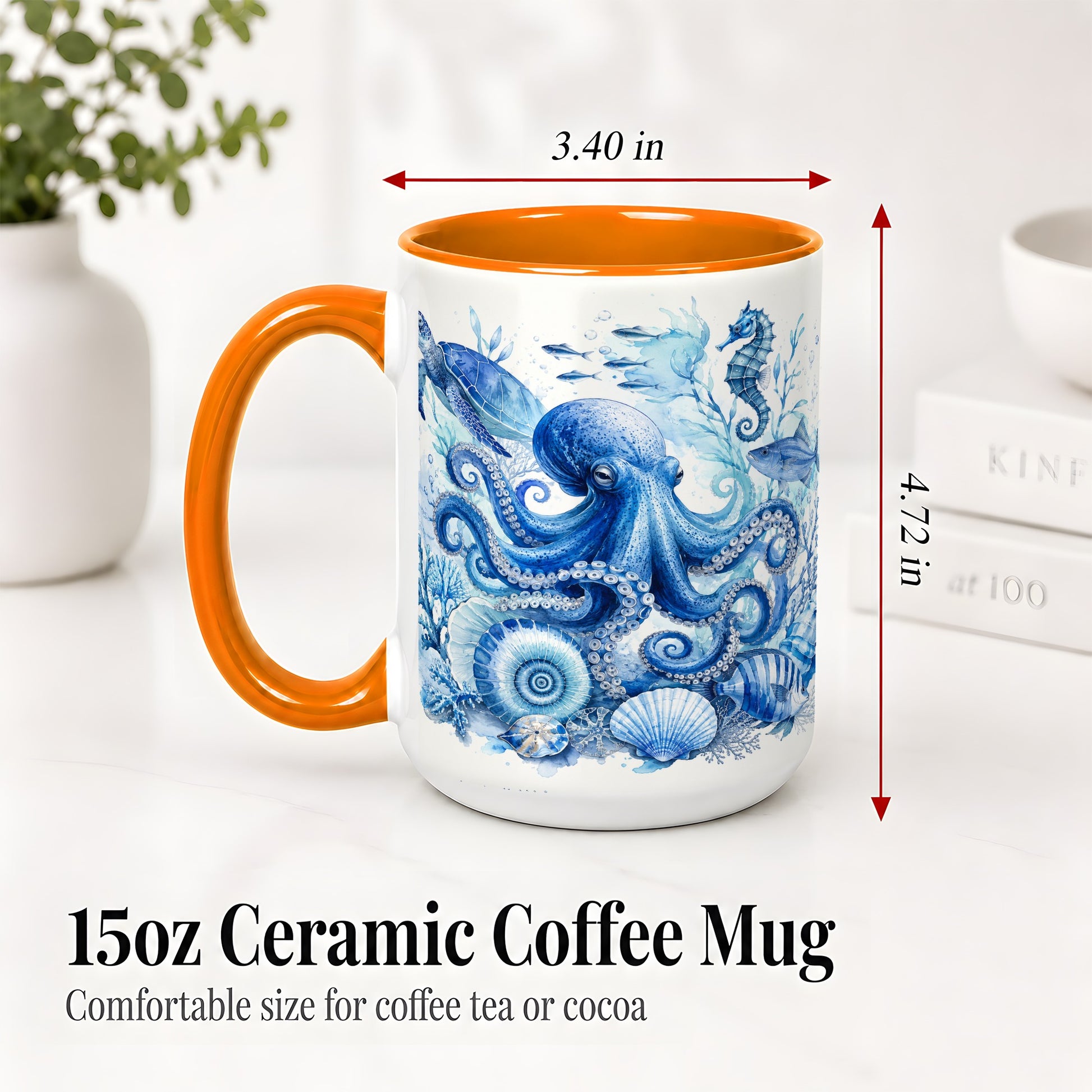#pl[15oz|Orange] Blue Octopus Ceramic Mug, Watercolor Ocean Life Art for Sea Fans