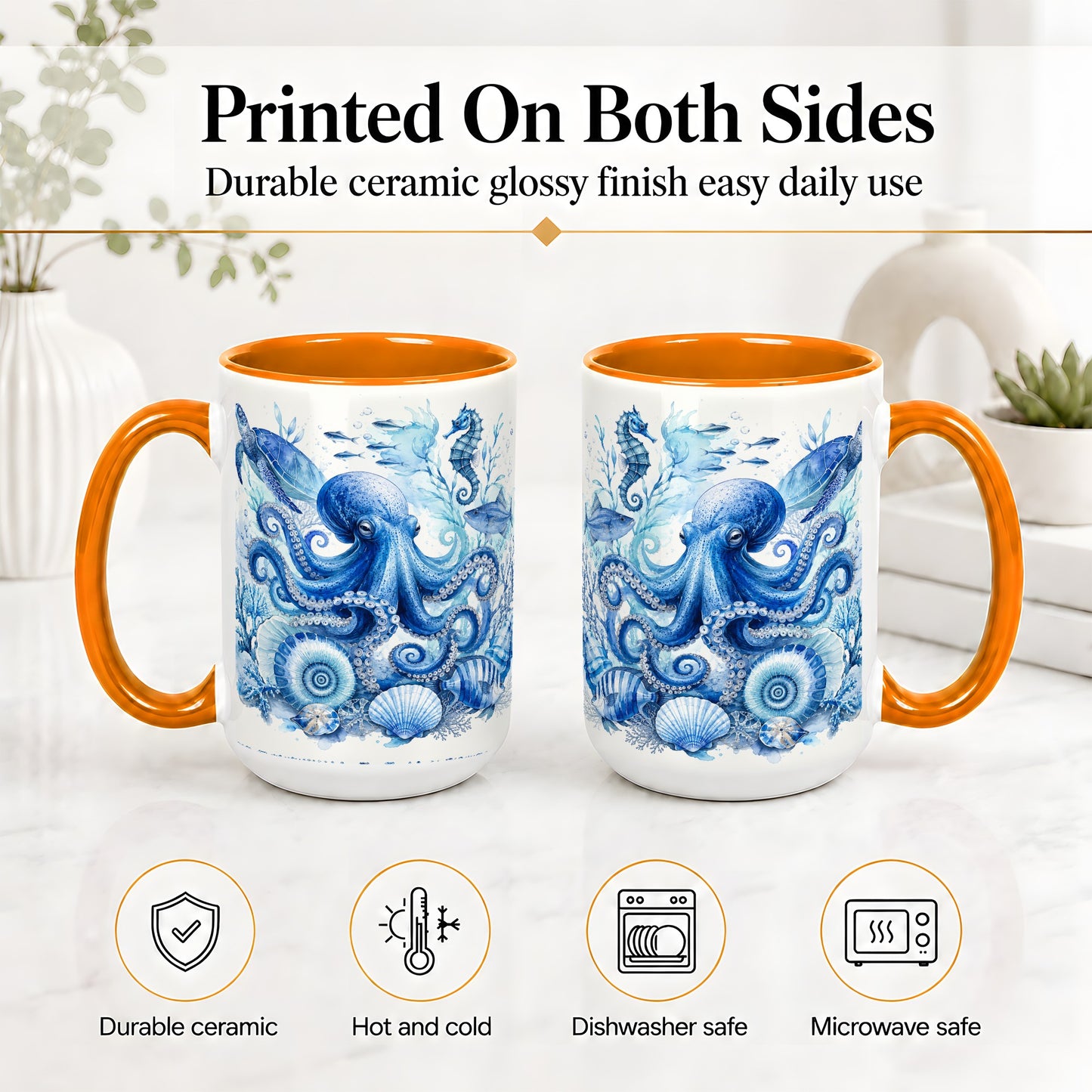 #pl[15oz|Orange] Blue Octopus Ceramic Mug, Watercolor Ocean Life Art for Sea Fans