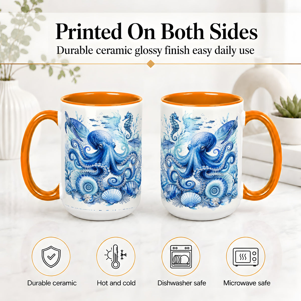 #pl[15oz|Orange] Blue Octopus Ceramic Mug, Watercolor Ocean Life Art for Sea Fans