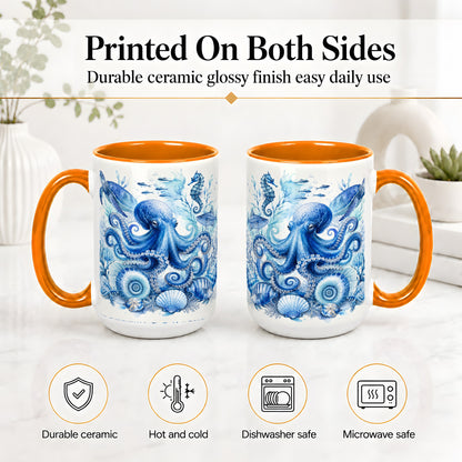 #pl[15oz|Orange] Blue Octopus Ceramic Mug, Watercolor Ocean Life Art for Sea Fans