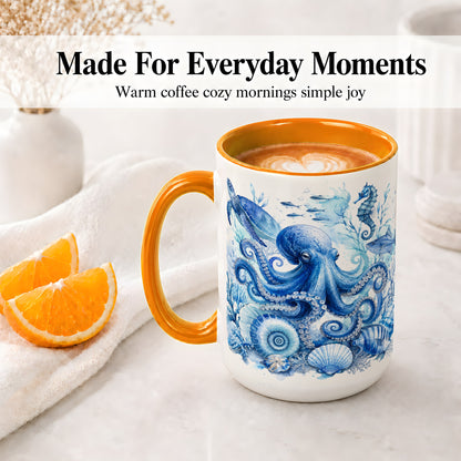 #pl[15oz|Orange] Blue Octopus Ceramic Mug, Watercolor Ocean Life Art for Sea Fans
