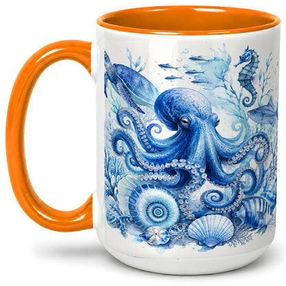 #pl[15oz|Orange] Blue Octopus Ceramic Mug, Watercolor Ocean Life Art for Sea Fans