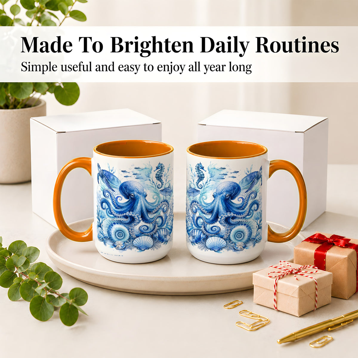 #pl[15oz|Orange] Blue Octopus Ceramic Mug, Watercolor Ocean Life Art for Sea Fans
