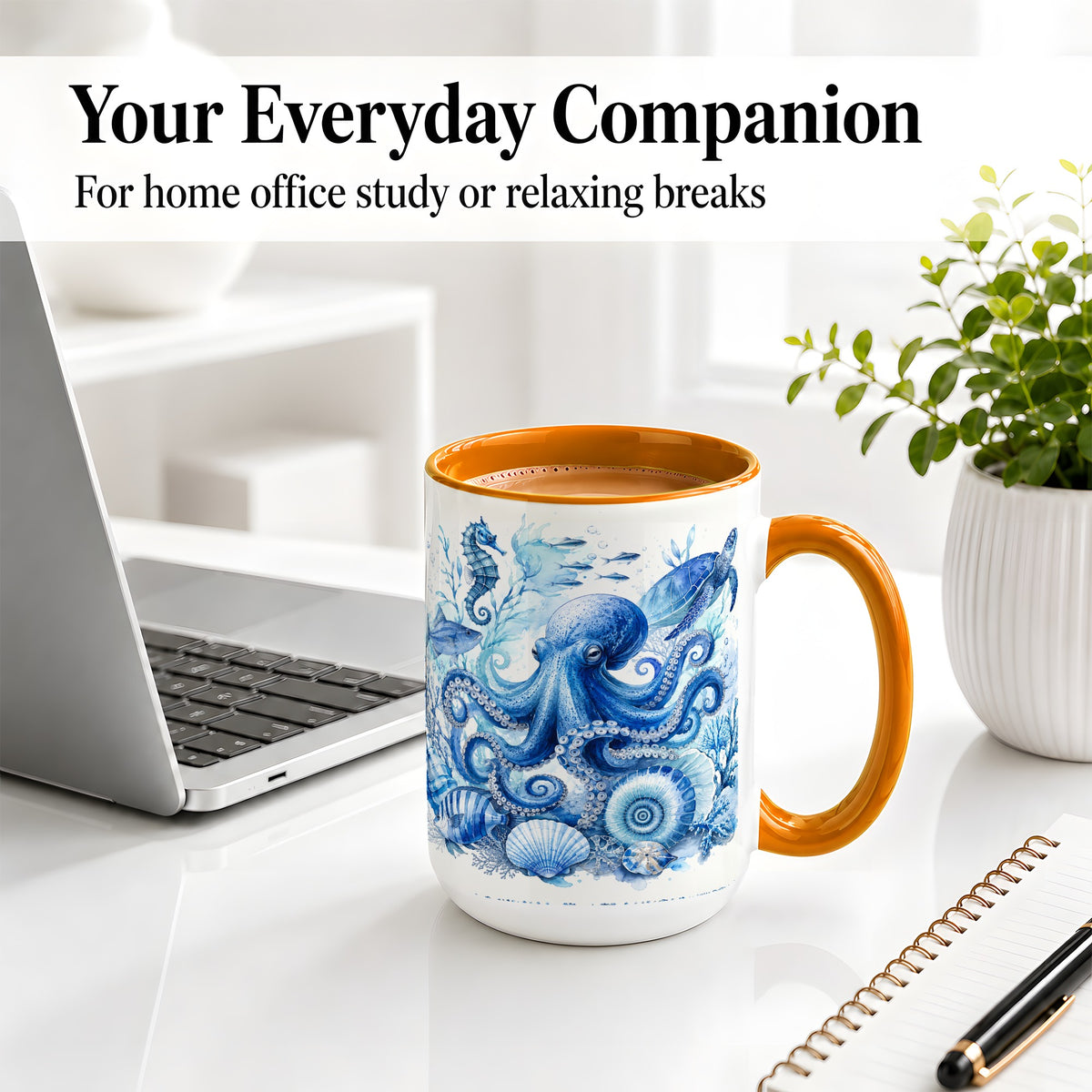 #pl[15oz|Orange] Blue Octopus Ceramic Mug, Watercolor Ocean Life Art for Sea Fans