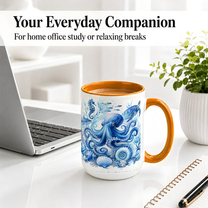 #pl[15oz|Orange] Blue Octopus Ceramic Mug, Watercolor Ocean Life Art for Sea Fans