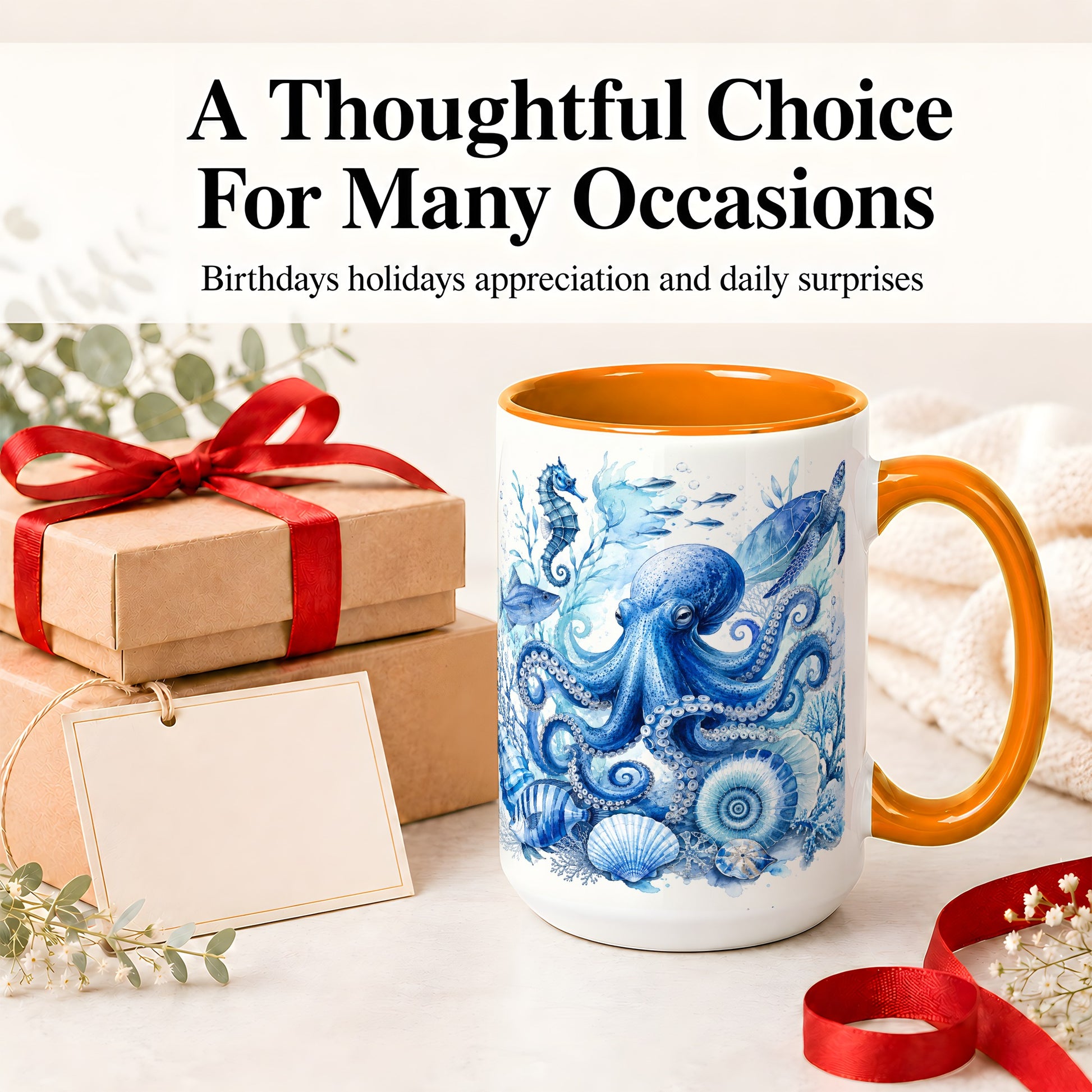 #pl[15oz|Orange] Blue Octopus Ceramic Mug, Watercolor Ocean Life Art for Sea Fans