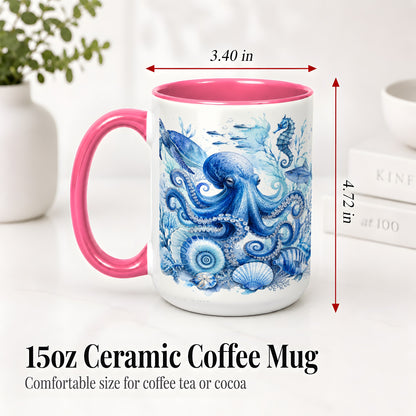 #pl[15oz|Pink] Blue Octopus Ceramic Mug, Watercolor Ocean Life Art for Sea Fans