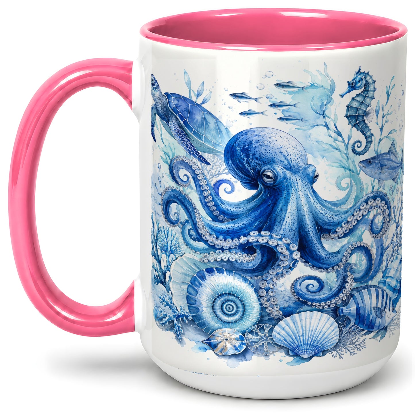 #pl[15oz|Pink] Blue Octopus Ceramic Mug, Watercolor Ocean Life Art for Sea Fans