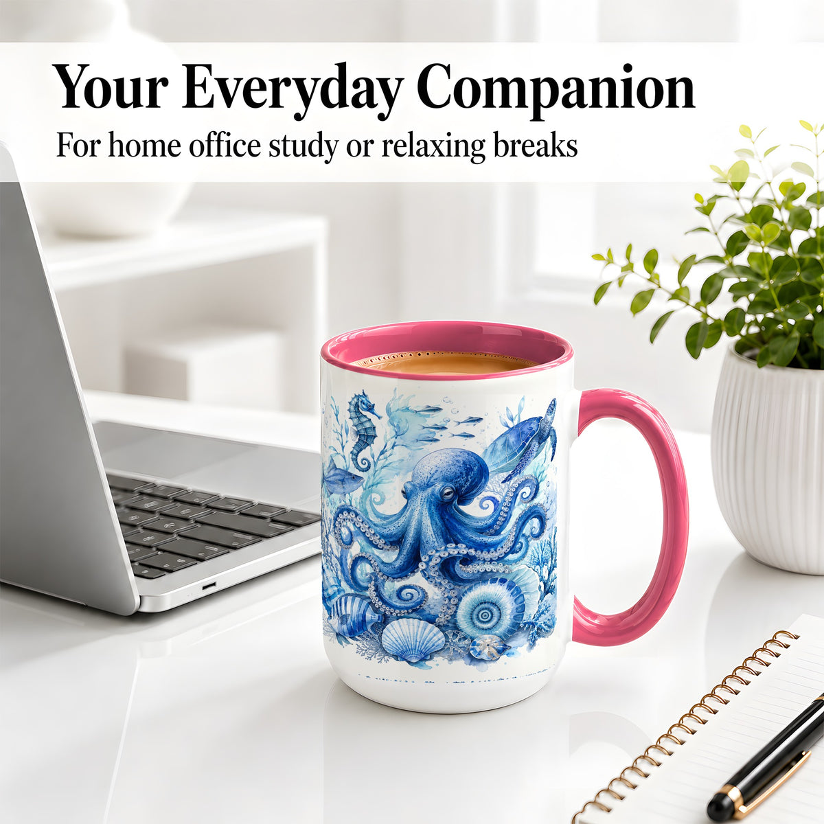 #pl[15oz|Pink] Blue Octopus Ceramic Mug, Watercolor Ocean Life Art for Sea Fans