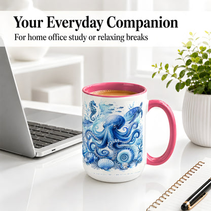 #pl[15oz|Pink] Blue Octopus Ceramic Mug, Watercolor Ocean Life Art for Sea Fans