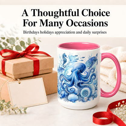 #pl[15oz|Pink] Blue Octopus Ceramic Mug, Watercolor Ocean Life Art for Sea Fans