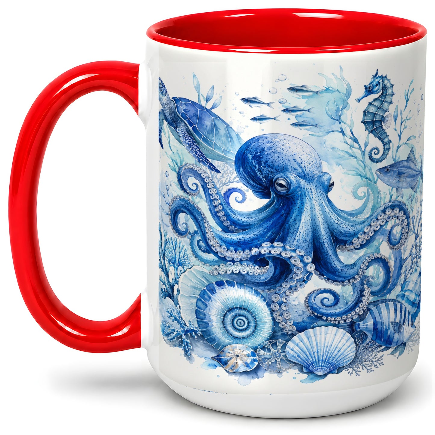 #pl[15oz|Red] Blue Octopus Ceramic Mug, Watercolor Ocean Life Art for Sea Fans