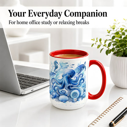 #pl[15oz|Red] Blue Octopus Ceramic Mug, Watercolor Ocean Life Art for Sea Fans