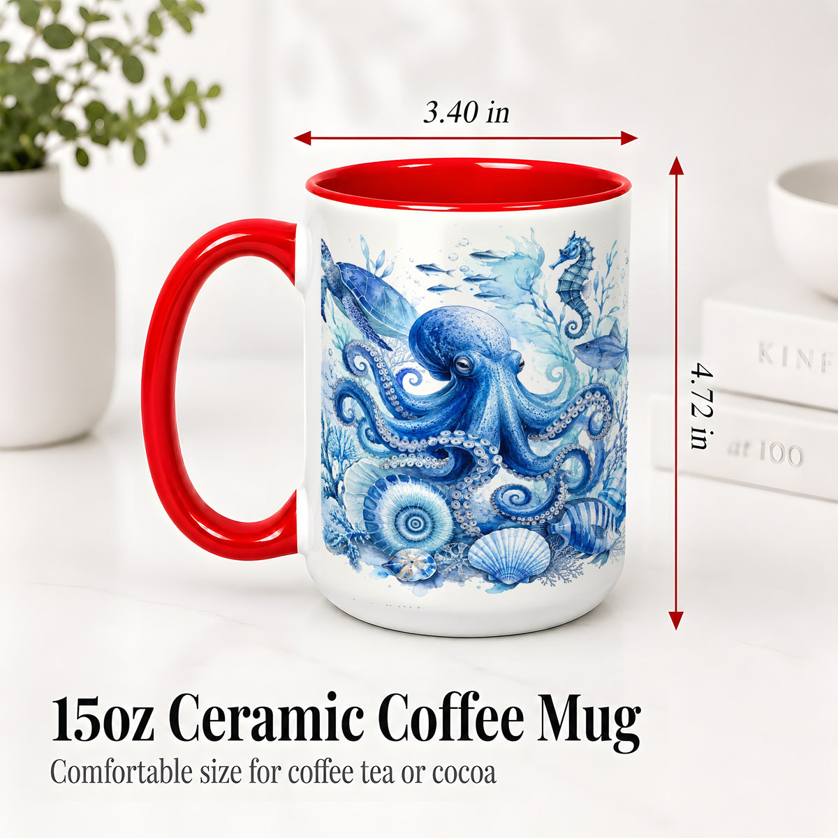 #pl[15oz|Red] Blue Octopus Ceramic Mug, Watercolor Ocean Life Art for Sea Fans