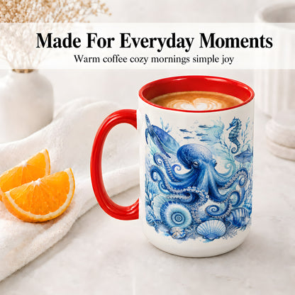 #pl[15oz|Red] Blue Octopus Ceramic Mug, Watercolor Ocean Life Art for Sea Fans