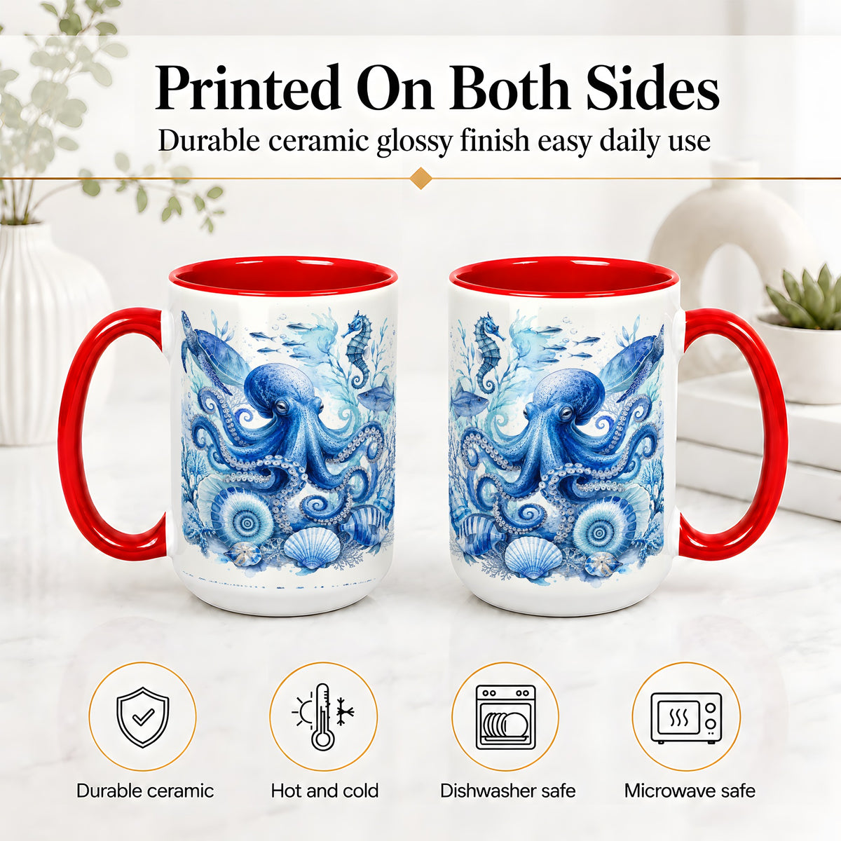 #pl[15oz|Red] Blue Octopus Ceramic Mug, Watercolor Ocean Life Art for Sea Fans
