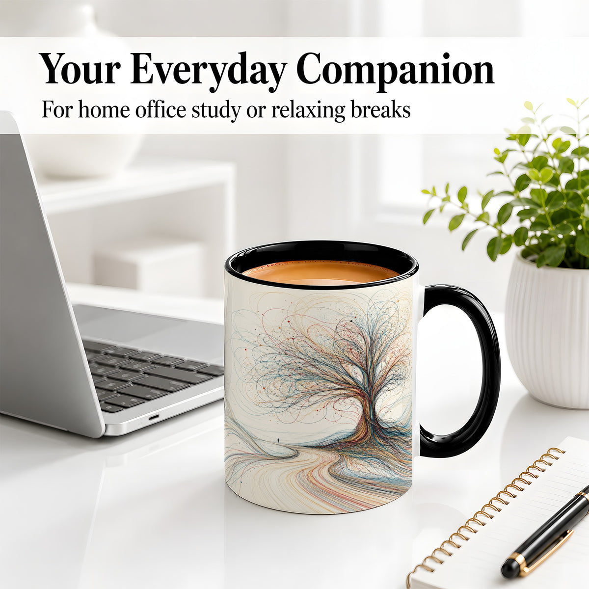 #pl[11oz|Black] Abstract Tree Ceramic Mug, Flowing Line Art for Modern Decor Fans