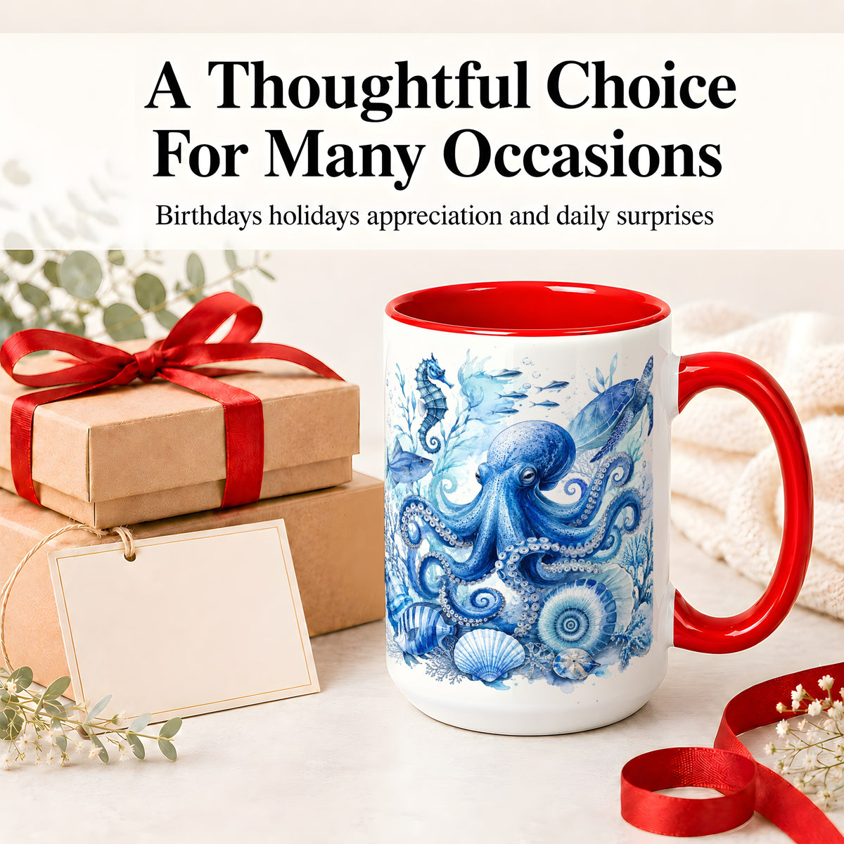 #pl[15oz|Red] Blue Octopus Ceramic Mug, Watercolor Ocean Life Art for Sea Fans
