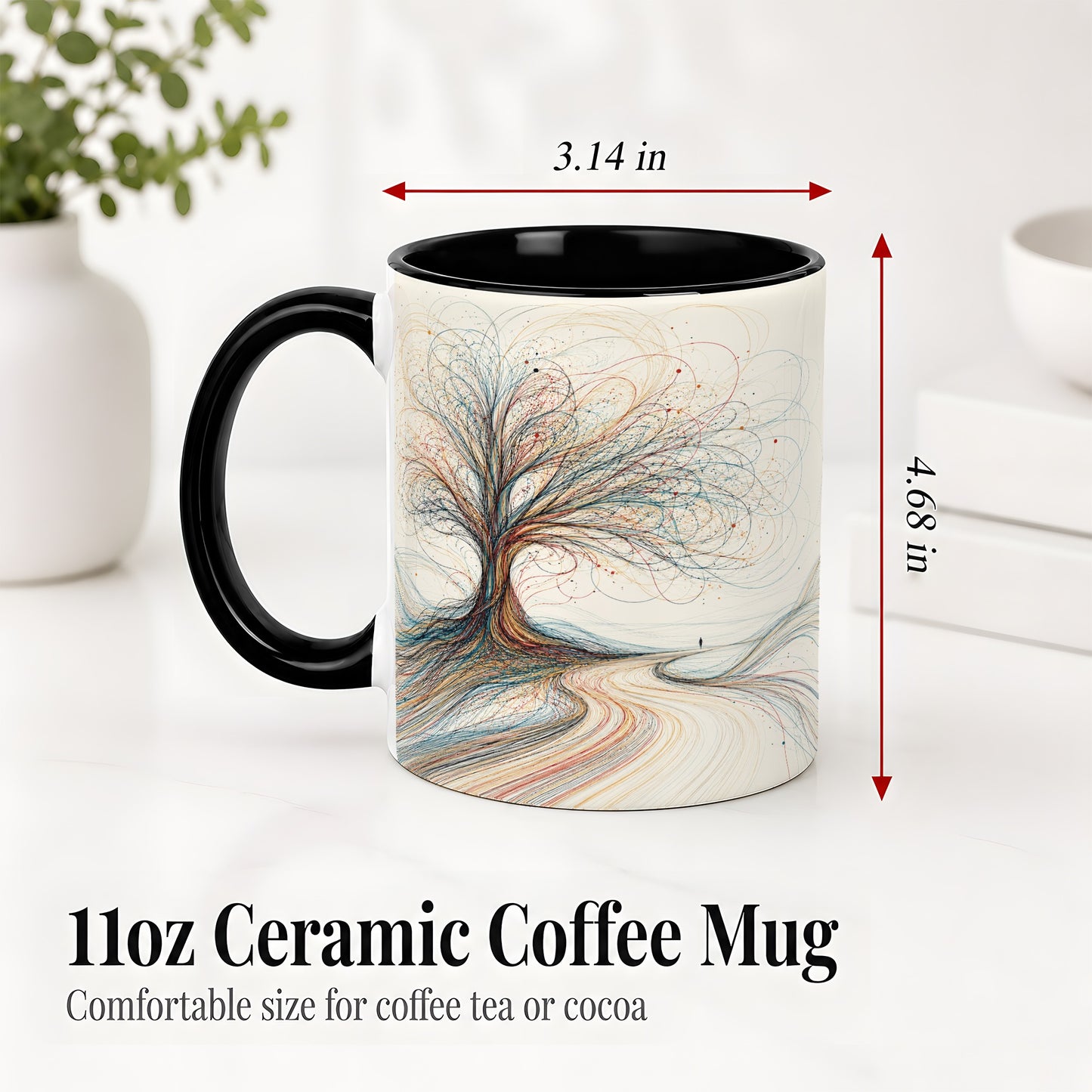 #pl[11oz|Black] Abstract Tree Ceramic Mug, Flowing Line Art for Modern Decor Fans
