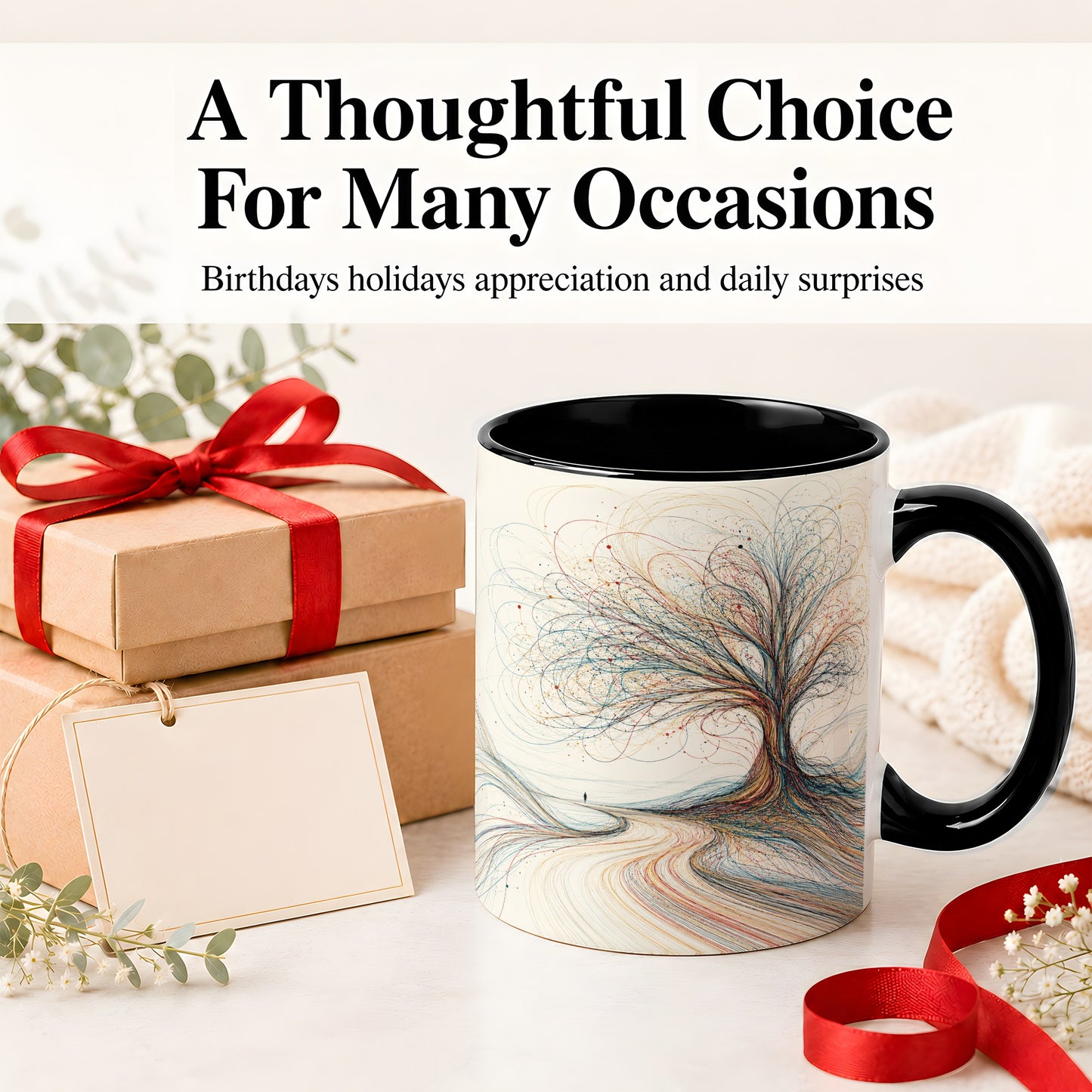 #pl[11oz|Black] Abstract Tree Ceramic Mug, Flowing Line Art for Modern Decor Fans