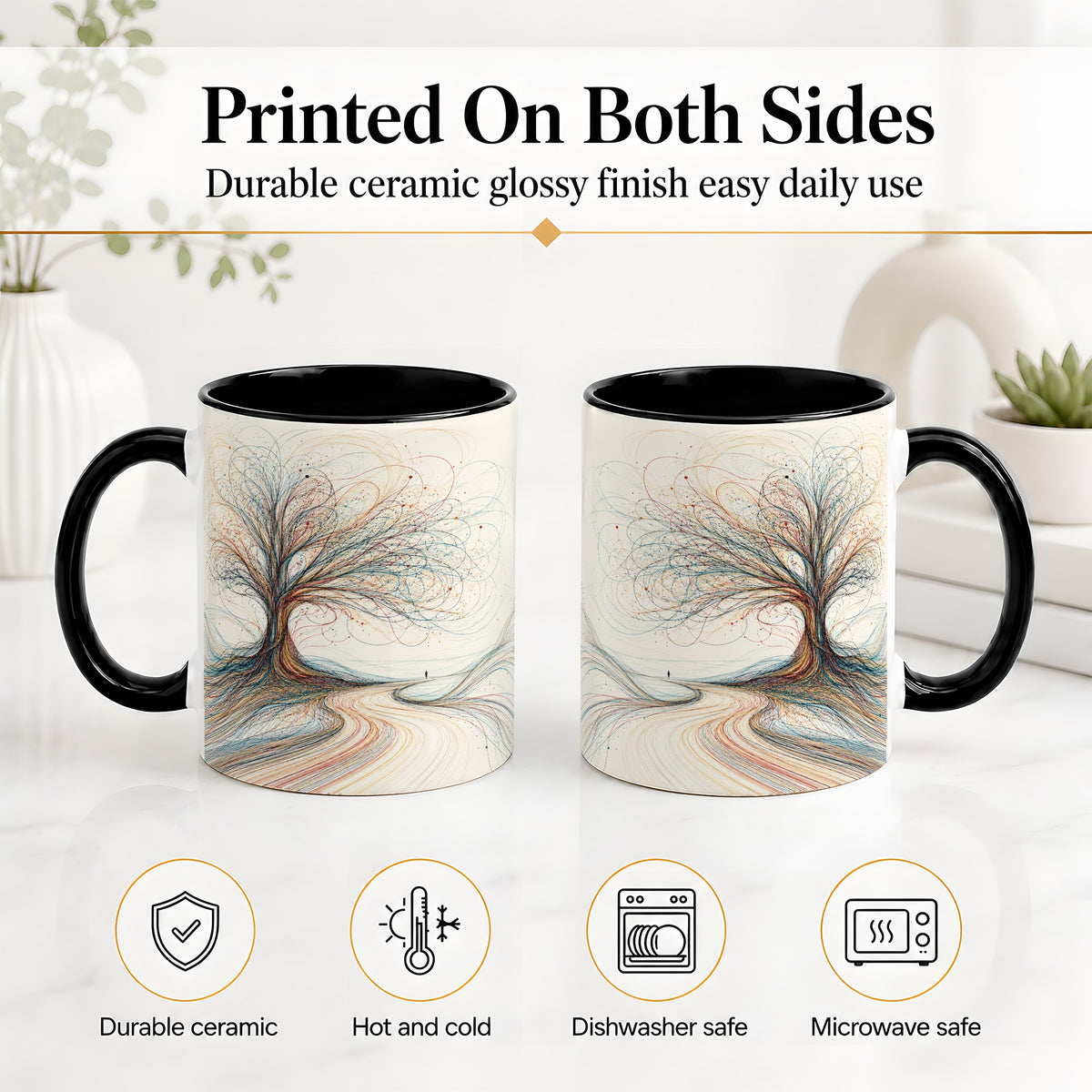 #pl[11oz|Black] Abstract Tree Ceramic Mug, Flowing Line Art for Modern Decor Fans