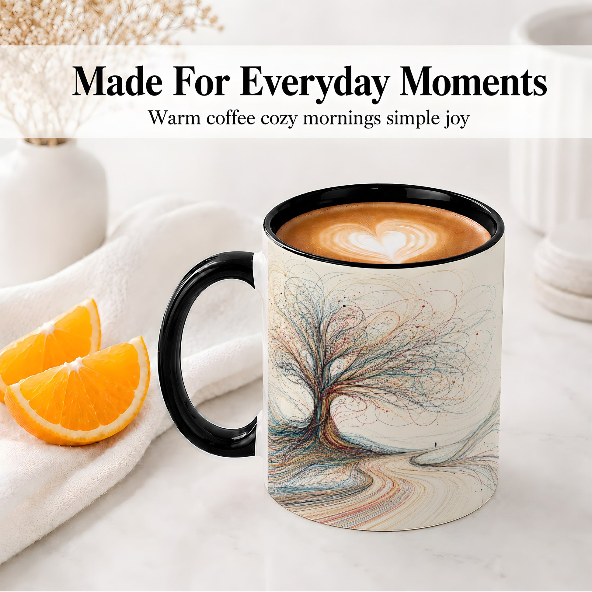 #pl[11oz|Black] Abstract Tree Ceramic Mug, Flowing Line Art for Modern Decor Fans