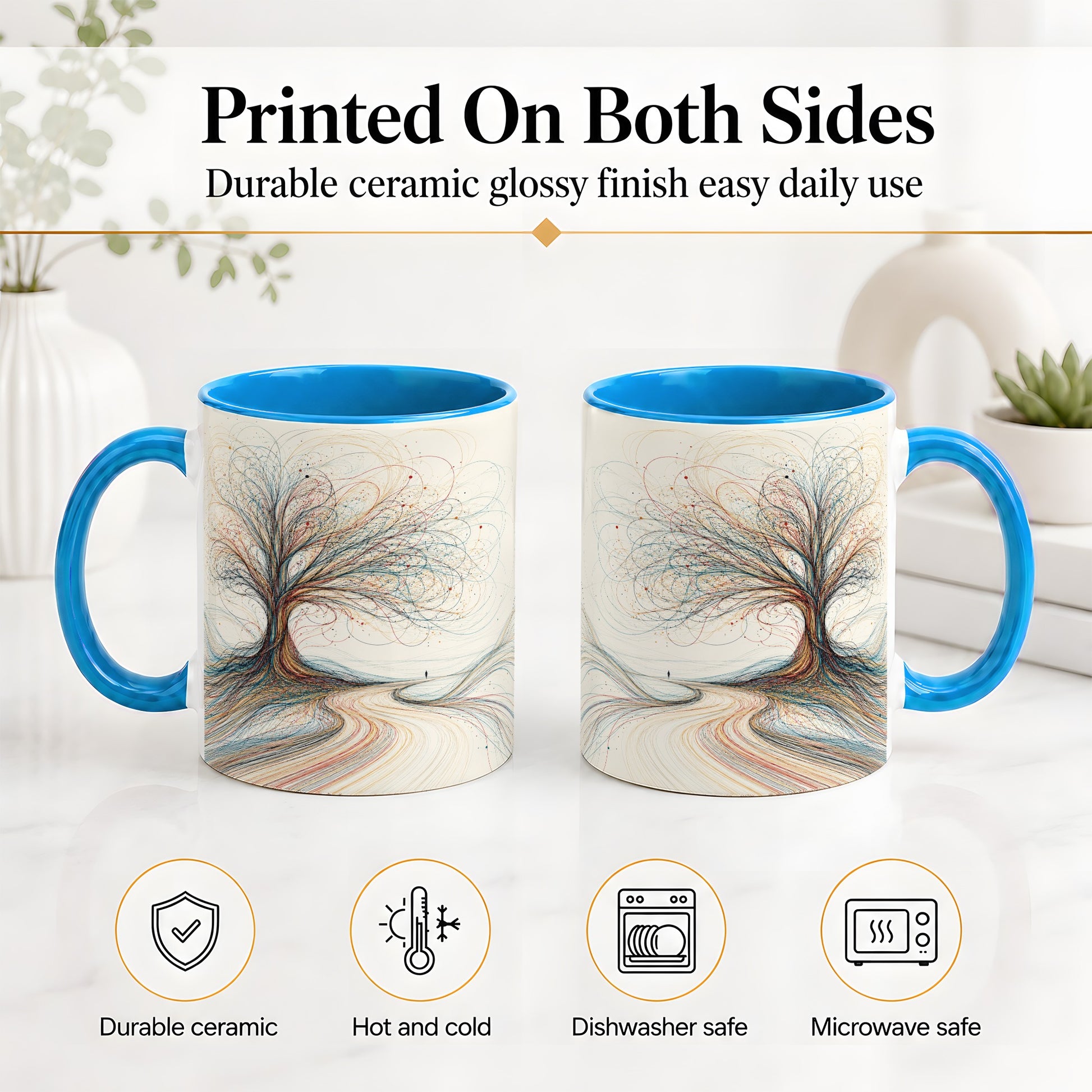 #pl[11oz|Blue] Abstract Tree Ceramic Mug, Flowing Line Art for Modern Decor Fans