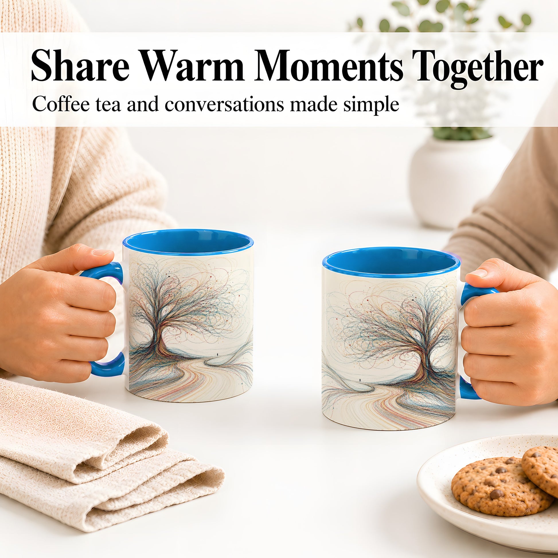 #pl[11oz|Blue] Abstract Tree Ceramic Mug, Flowing Line Art for Modern Decor Fans