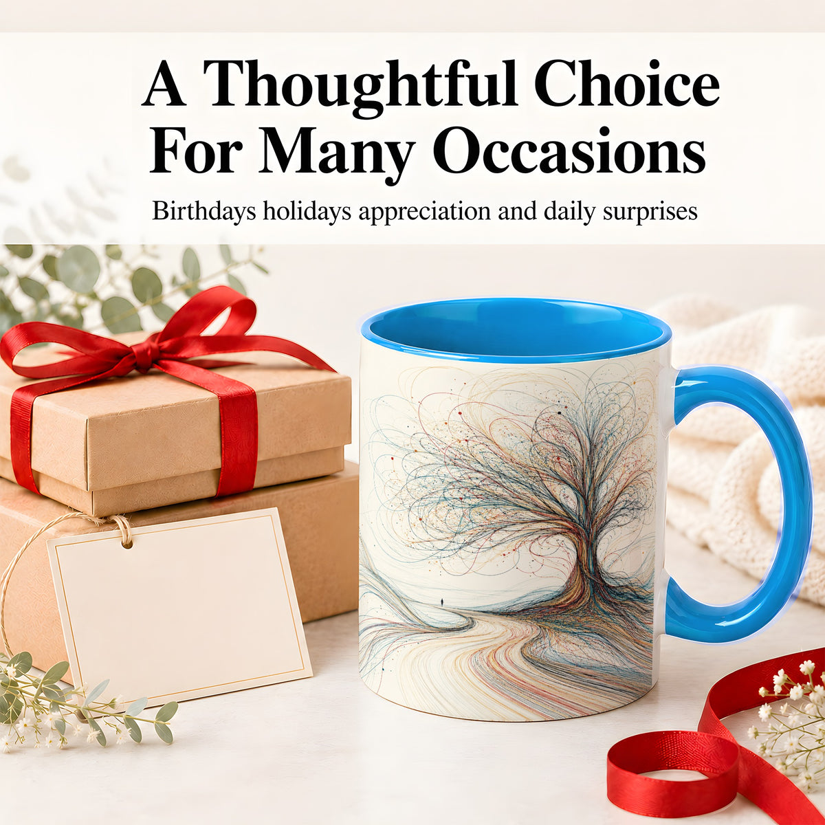 #pl[11oz|Blue] Abstract Tree Ceramic Mug, Flowing Line Art for Modern Decor Fans