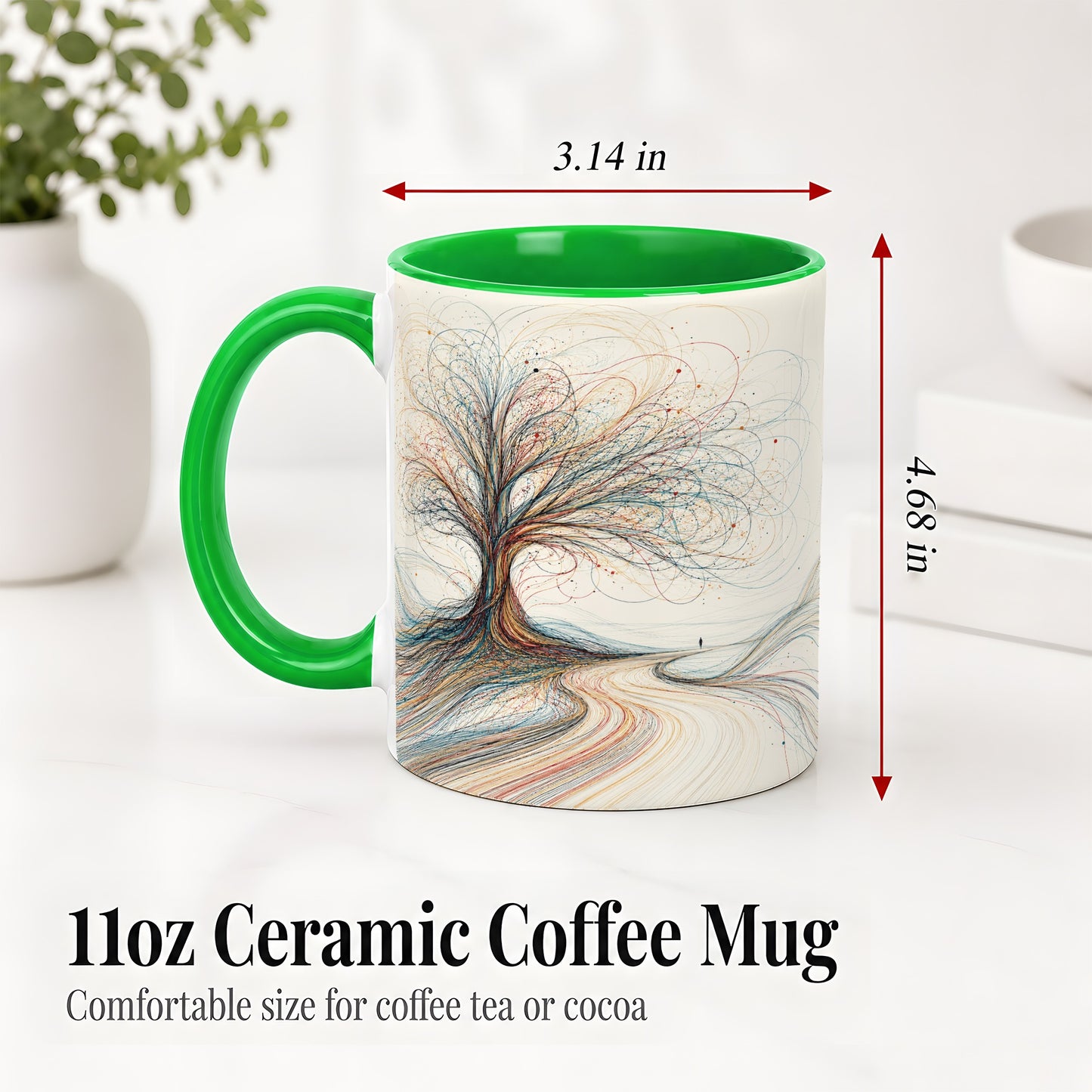#pl[11oz|Green] Abstract Tree Ceramic Mug, Flowing Line Art for Modern Decor Fans