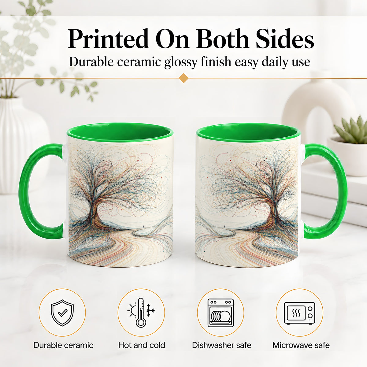 #pl[11oz|Green] Abstract Tree Ceramic Mug, Flowing Line Art for Modern Decor Fans
