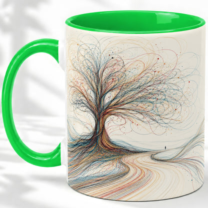 #pl[11oz|Green] Abstract Tree Ceramic Mug, Flowing Line Art for Modern Decor Fans