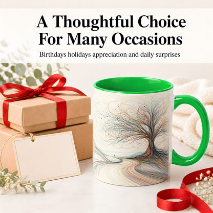 #pl[11oz|Green] Abstract Tree Ceramic Mug, Flowing Line Art for Modern Decor Fans
