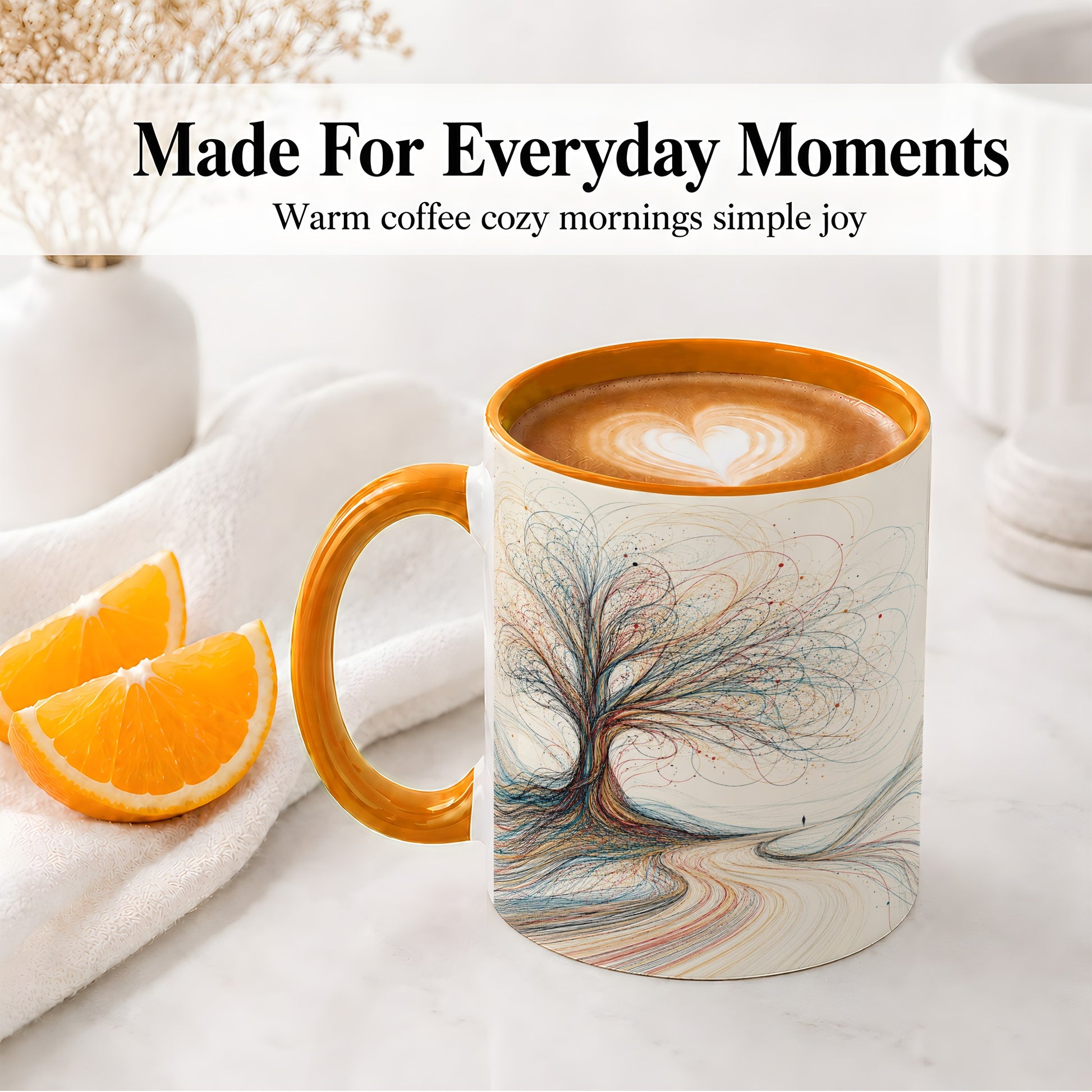 #pl[11oz|Orange] Abstract Tree Ceramic Mug, Flowing Line Art for Modern Decor Fans