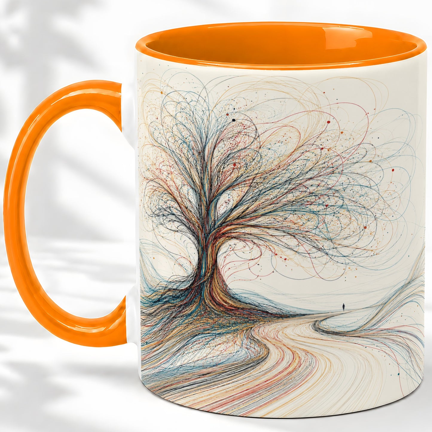 #pl[11oz|Orange] Abstract Tree Ceramic Mug, Flowing Line Art for Modern Decor Fans