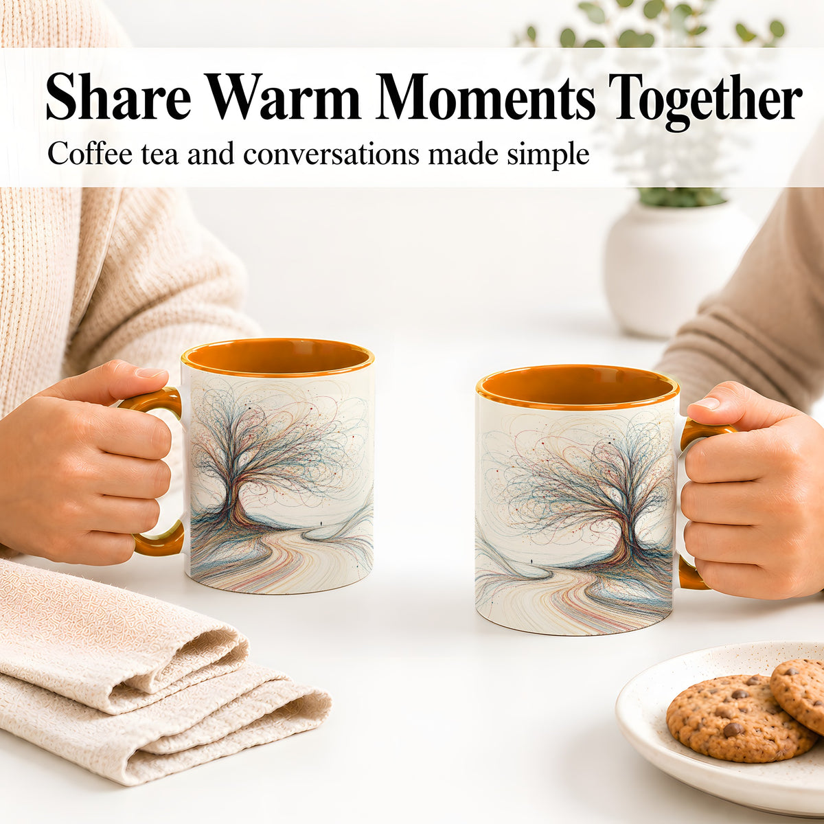 #pl[11oz|Orange] Abstract Tree Ceramic Mug, Flowing Line Art for Modern Decor Fans
