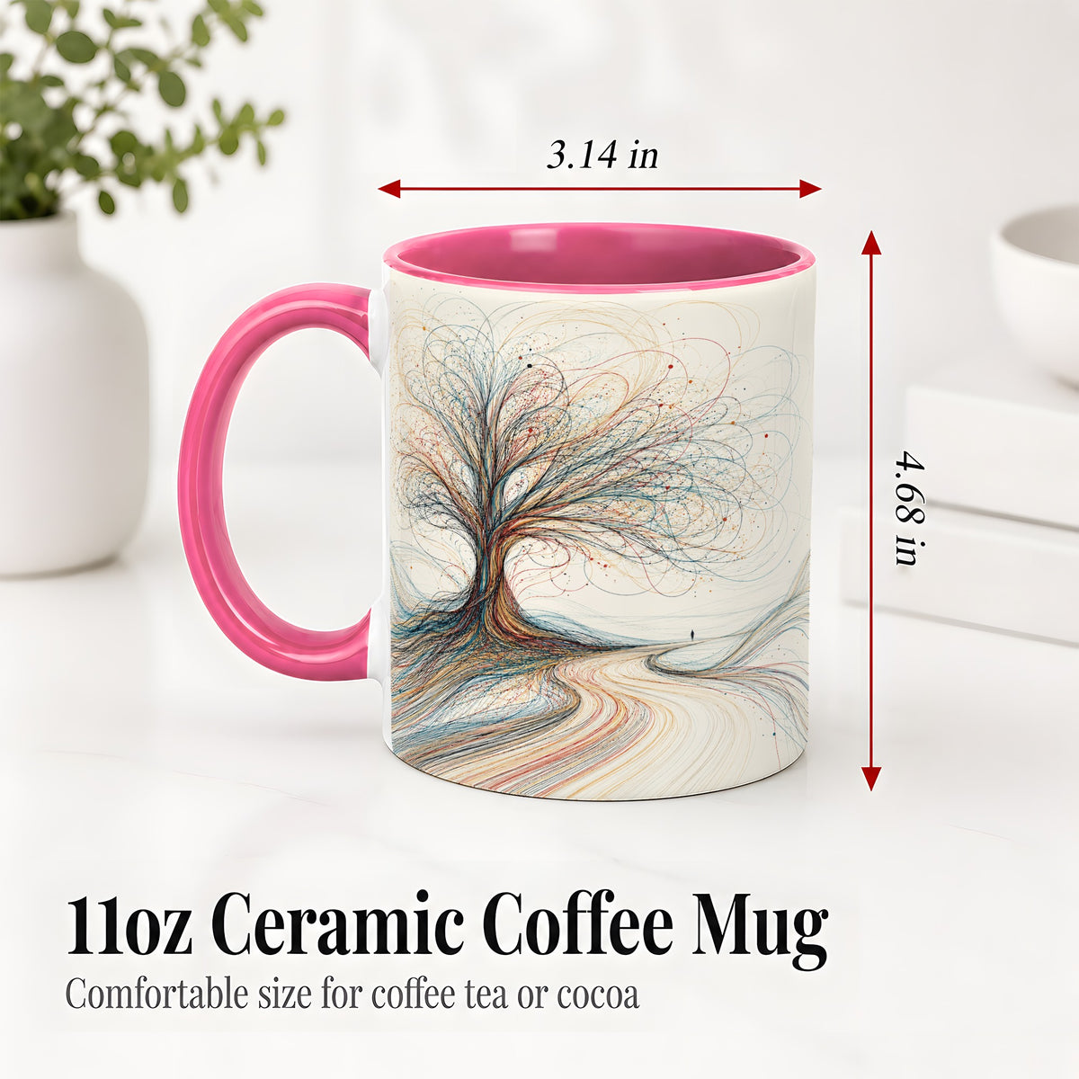 #pl[11oz|Pink] Abstract Tree Ceramic Mug, Flowing Line Art for Modern Decor Fans