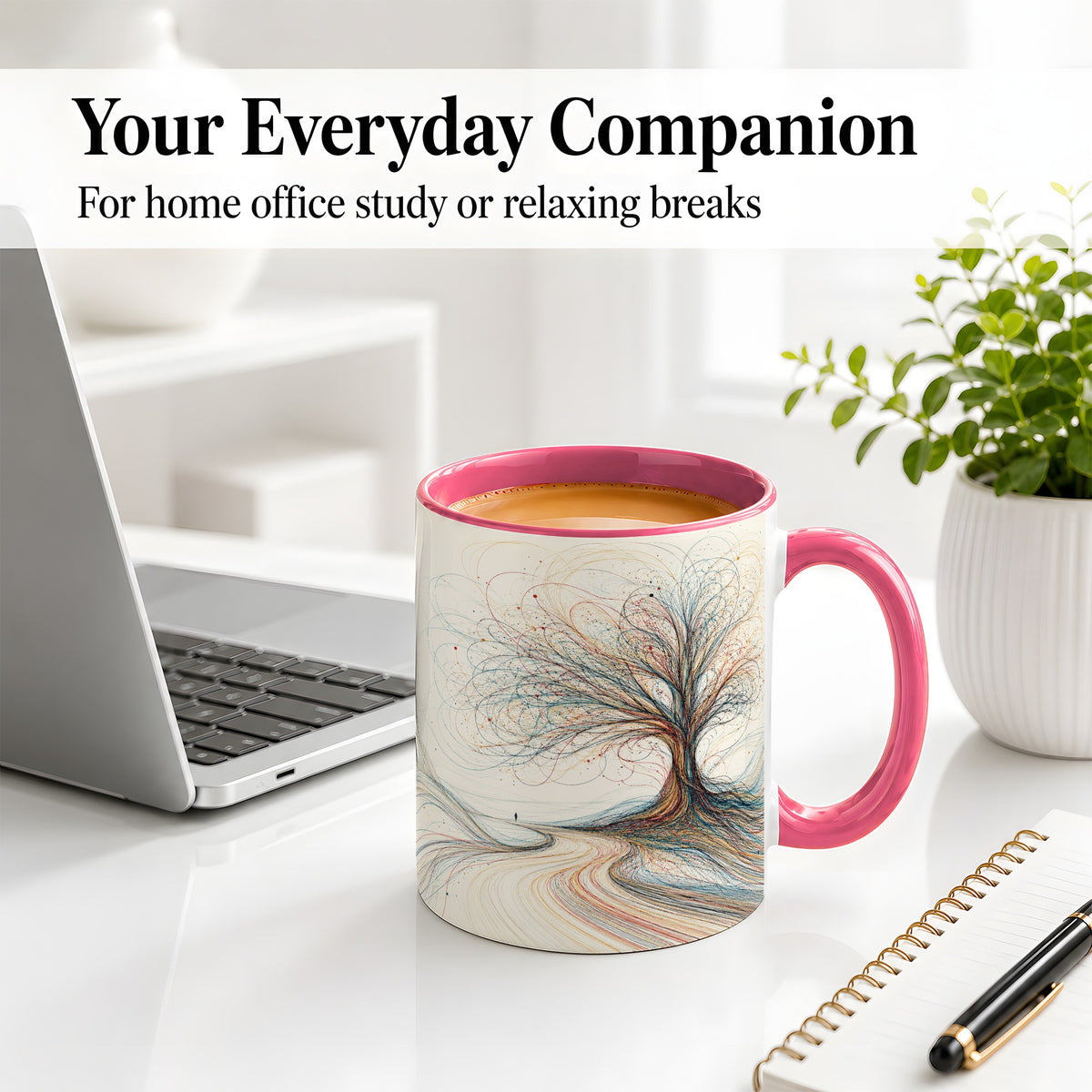 #pl[11oz|Pink] Abstract Tree Ceramic Mug, Flowing Line Art for Modern Decor Fans