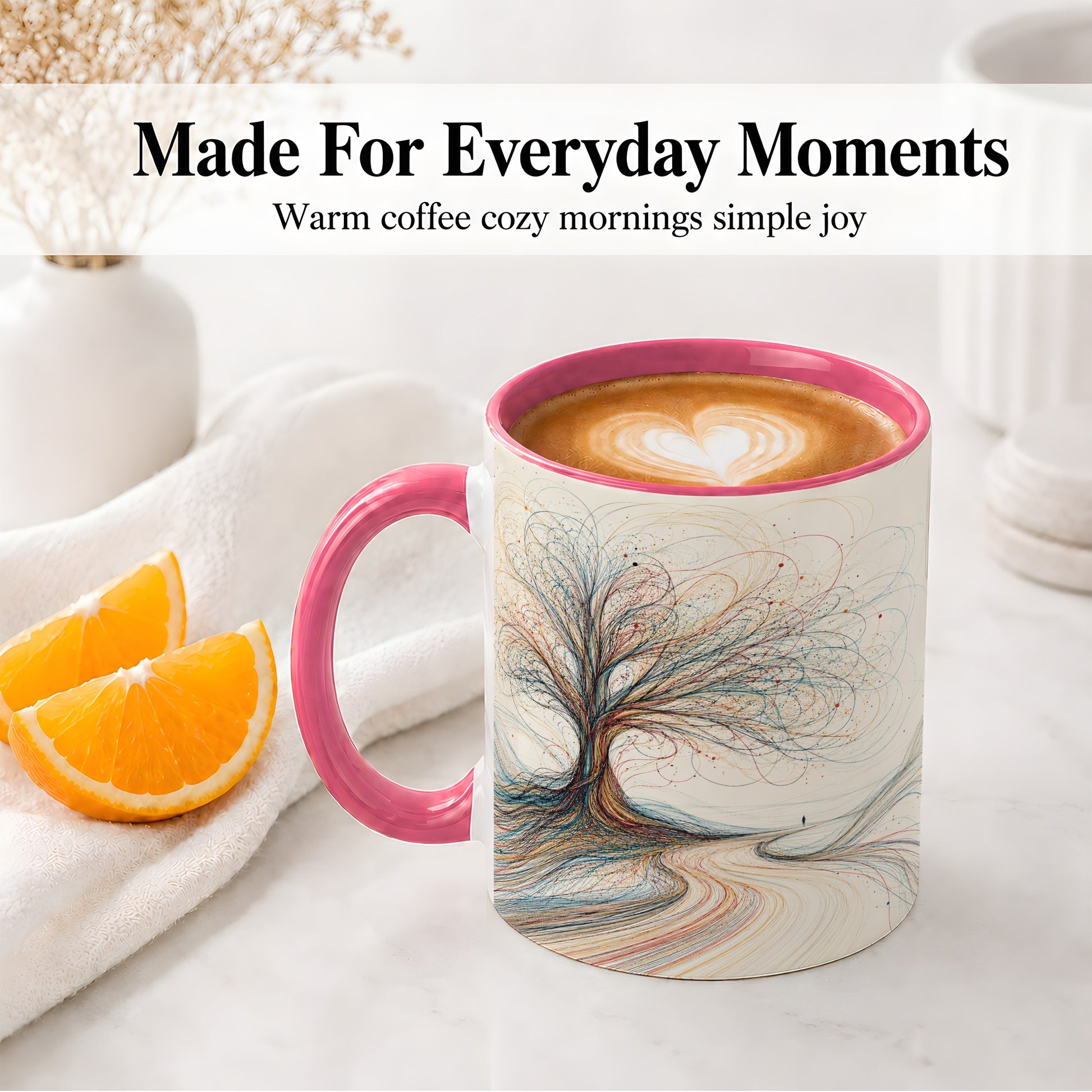 #pl[11oz|Pink] Abstract Tree Ceramic Mug, Flowing Line Art for Modern Decor Fans
