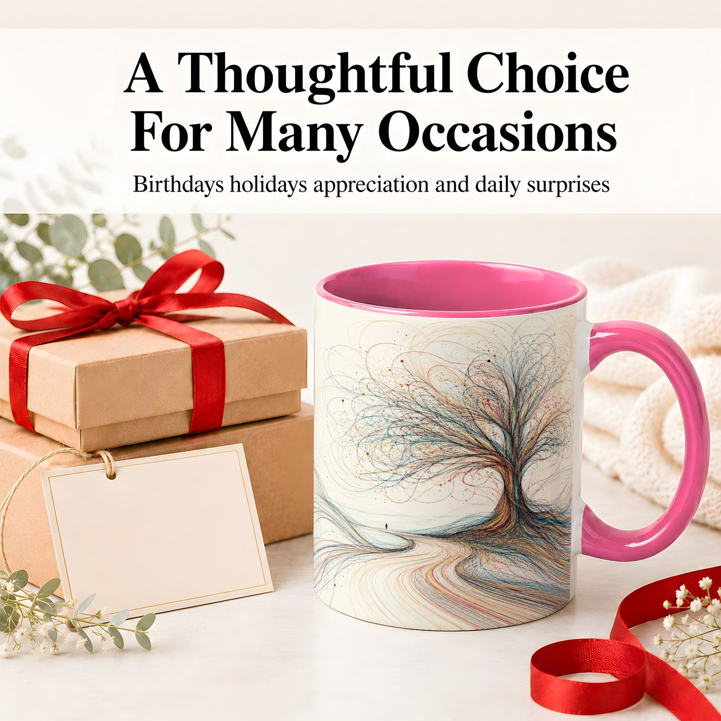 #pl[11oz|Pink] Abstract Tree Ceramic Mug, Flowing Line Art for Modern Decor Fans