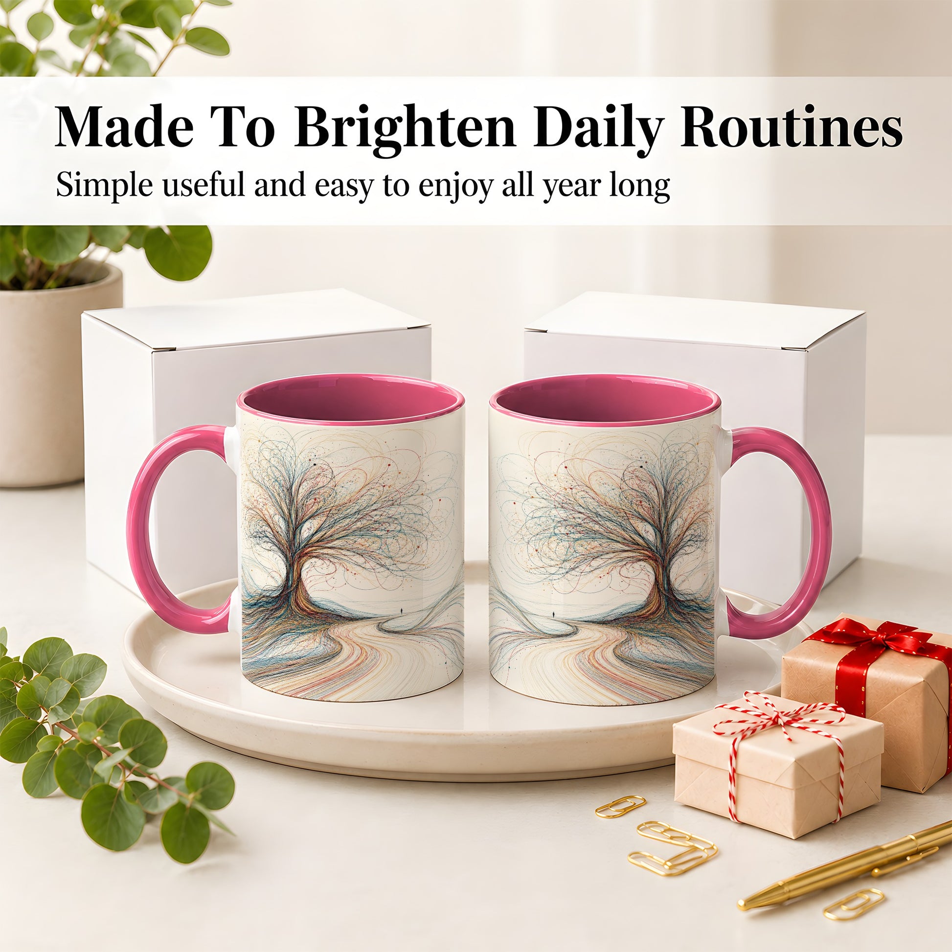 #pl[11oz|Pink] Abstract Tree Ceramic Mug, Flowing Line Art for Modern Decor Fans