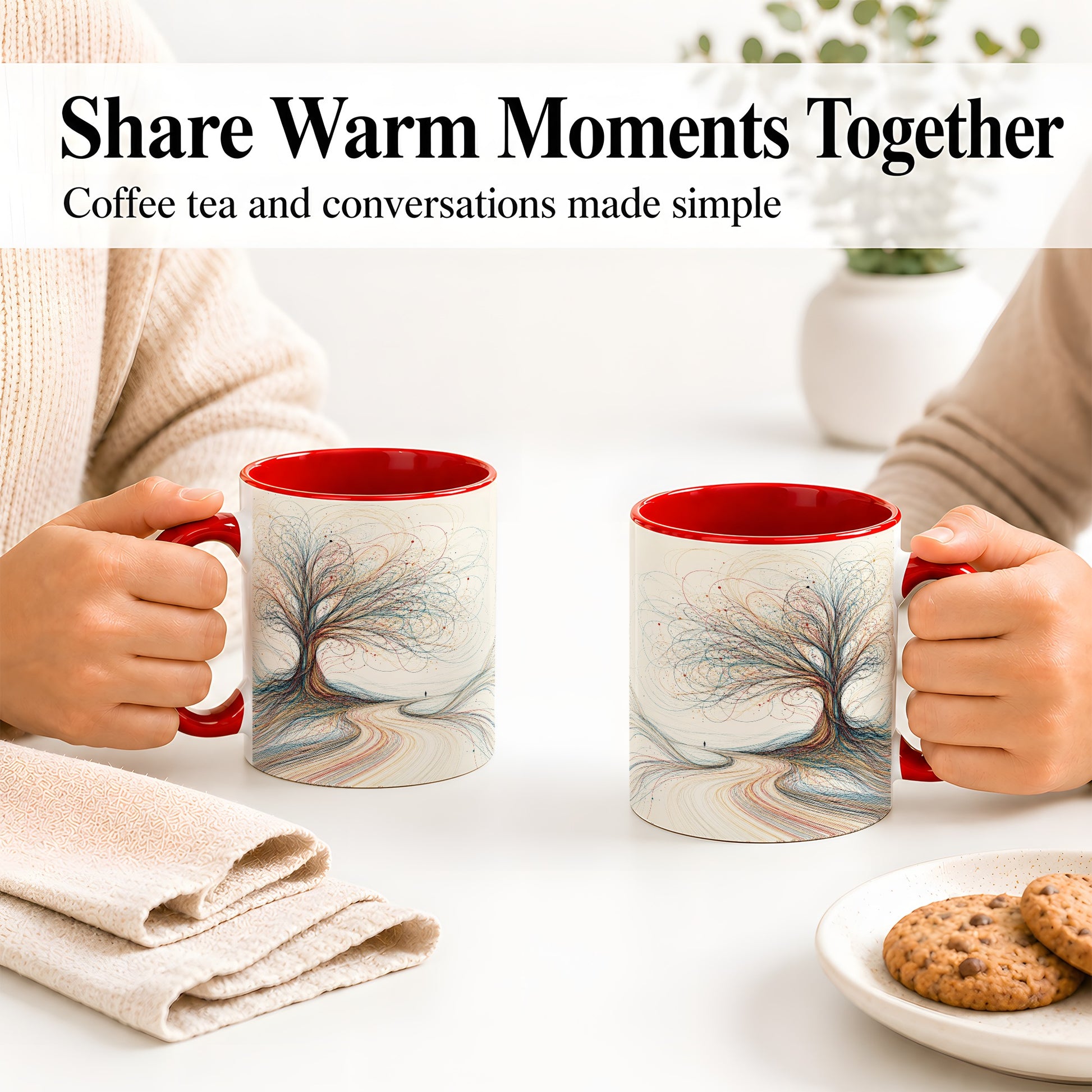 #pl[11oz|Red] Abstract Tree Ceramic Mug, Flowing Line Art for Modern Decor Fans