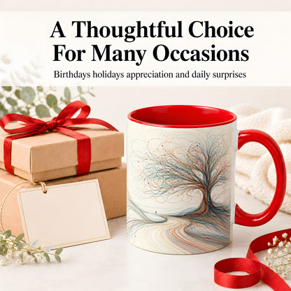 #pl[11oz|Red] Abstract Tree Ceramic Mug, Flowing Line Art for Modern Decor Fans